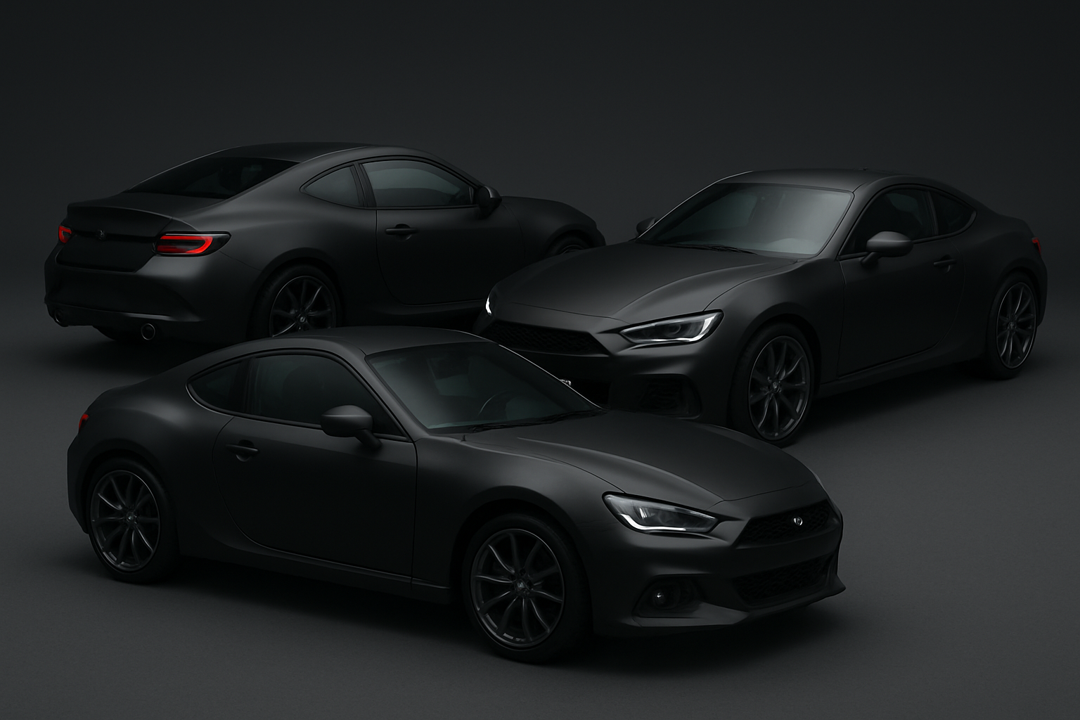 coupe vehicles small range 3 vehicels in matte black but background a dark grey not all black